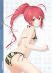  alternate_costume ass bikini breasts closed_mouth cowboy_shot green_bikini hair_ribbon i-168_(kantai_collection) kantai_collection long_hair looking_at_viewer ponytail print_bikini red_eyes red_hair ribbon side-tie_bikini small_breasts solo suke_(momijigari) swimsuit white_ribbon 