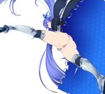 ass blue_eyes blue_hair blue_ribbon crotch_plate fate/extra fate/extra_ccc fate/grand_order fate_(series) from_below hair_ribbon highres jacket leg_lift legs light_smile long_hair looking_at_viewer looking_down meltlilith ribbon sekiyu_(spartan) solo thick_thighs thighs very_long_hair 