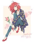  ahoge artist_name bouquet breasts character_name cleavage dated denim floral_background floral_print flower hair_flower hair_ornament happy_birthday high_heels holding holding_bouquet jacket jeans jewelry karuha knee_up long_sleeves looking_at_viewer love_live! love_live!_school_idol_project necklace nishikino_maki pants print_jacket purple_eyes red_footwear red_hair shirt shoes short_hair small_breasts smile solo white_shirt 