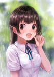  black_hair blush breasts brown_eyes eyebrows_visible_through_hair large_breasts long_hair looking_at_viewer open_mouth original rain school_uniform smile solo soramame_tomu uniform upper_body 