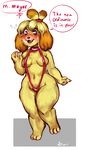  2017 3_toes 4_fingers animal_crossing anthro bikini biped blonde_hair breasts brown_fur brown_hair canine claws clothed clothing cute_fangs dialogue digital_media_(artwork) digital_painting_(artwork) digitigrade dog embarrassed english_text female floppy_ears flying_sweatdrops front_view full-length_portrait fur guwu hair hi_res hindpaw isabelle_(animal_crossing) looking_down mammal medium_breasts multicolored_fur multicolored_hair navel nintendo nipple_bulge on_one_leg open_mouth open_smile pawpads paws pink_pawpads portrait raised_arm red_clothing shih_tzu short_hair shy signature simple_background skimpy sling_bikini smile soft_shading solo speech_bubble standing sweat sweatdrop swimsuit talking_to_viewer text toes two_tone_fur two_tone_hair video_games voluptuous white_background yellow_fur 