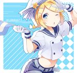  arm_up bad_id bad_pixiv_id belt blonde_hair blue_eyes blue_shorts braid flag gloves hair_ornament hat holding holding_flag kagamine_rin midriff navel one_eye_closed open_mouth positive_bbt shirt short_hair short_sleeves shorts solo standing stomach vocaloid white_gloves white_hat white_shirt 