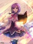  aisha_(elsword) antenna_hair bai_qi-qsr black_gloves black_legwear blue_skirt book elemental_master_(elsword) elsword eyebrows_visible_through_hair gloves hair_between_eyes holding holding_book long_hair miniskirt open_book open_mouth pleated_skirt purple_eyes purple_hair signature skirt solo standing thighhighs twintails zettai_ryouiki 