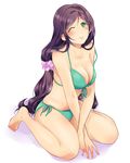  ;) bare_shoulders barefoot between_legs bikini blush breasts cleavage closed_mouth collarbone front-tie_bikini front-tie_top full_body green_bikini green_eyes hand_between_legs keitomokomoko long_hair looking_at_viewer love_live! love_live!_school_idol_project low_twintails medium_breasts one_eye_closed purple_hair purple_scrunchie scrunchie side-tie_bikini sitting smile solo strap_slip swimsuit toujou_nozomi twintails very_long_hair wariza white_background 
