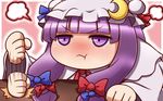  :t banging bangs blue_ribbon blunt_bangs blush chibi closed_mouth commentary_request eyebrows_visible_through_hair hair_ribbon hat jitome long_hair patchouli_knowledge pillow_hat pout purple_eyes purple_hair red_ribbon ribbon solo table tottsuman touhou tress_ribbon v-shaped_eyebrows 
