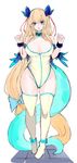  absurdly_long_hair bangs blonde_hair blue_bow blue_eyes blush boots bow breasts character_request collar copyright_request curvy eyebrows_visible_through_hair fafas68 hair_bow hair_ornament half-closed_eyes hands_up highleg highleg_leotard highres hips large_breasts leotard long_hair looking_at_viewer low-tied_long_hair open_mouth simple_background smile solo standing thigh_boots thighhighs thighs very_long_hair white_background yellow_footwear yellow_legwear yellow_leotard 