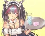  1girl alternate_costume bare_shoulders black_hair breasts cup danganronpa drinking_glass drinking_straw enmaided hand_on_own_chest heart highres holding holding_plate jewelry long_hair looking_at_viewer maid maid_headdress medium_breasts mioda_69ch mioda_ibuki multicolored_hair one_eye_closed piercing pink_eyes pink_hair plate smile solo super_danganronpa_2 upper_body very_long_hair white_hair wrist_cuffs 