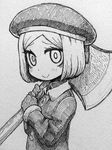  beret coat fate/grand_order fate_(series) gloves greyscale hat holding holding_weapon looking_at_viewer monochrome over_shoulder paul_bunyan_(fate/grand_order) riyo_(lyomsnpmp) short_hair simple_background smile solo weapon weapon_over_shoulder 