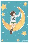  akiyama_yukari bangs black_legwear black_neckwear blouse brown_eyes brown_footwear brown_hair cbgb crescent_moon full_body girls_und_panzer green_skirt highres loafers long_sleeves looking_to_the_side messy_hair miniskirt moon neckerchief night night_sky ooarai_school_uniform open_mouth pleated_skirt school_uniform serafuku shoes short_hair sitting skirt sky smile socks solo star_(sky) starry_sky white_blouse 