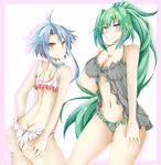  2girls ahoge ass ass_grab back bare_shoulders blanc blue_hair blush breasts butt_crack choujigen_game_neptune cleavage compile_heart green_heart grin idea_factory large_breasts lingerie long_hair looking_at_viewer multiple_girls neptune_(series) olly panties ponytail purple_eyes red_eyes shiny shiny_hair shiny_skin short_hair_with_long_locks smile vert very_long_hair white_heart 