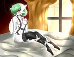  1girl alternate_costume bed bed_sheet black_legwear blush breasts collarbone curtain erect_nipples feet full_body gardevoir green_hair hair_over_one_eye hand_on_own_chest hand_to_own_mouth hand_up large_breasts looking_at_viewer mega_gardevoir mega_pokemon navel no_humans pillow pink_eyes pokemon pokemon_(creature) pokemon_rse sana!rpg short_hair sitting smile solo sunlight thighhighs window 