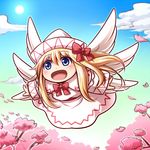  :d angel_wings bangs blonde_hair blue_eyes blue_sky blush cherry_blossoms chibi cloud commentary_request day dress eyebrows_visible_through_hair feathered_wings floating_hair flying hair_between_eyes lily_white long_hair looking_afar multiple_wings open_mouth red_ribbon ribbon sky smile solo sun tottsuman touhou white_dress white_wings wings 