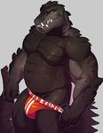  anthro biceps bulge clothing crocodilian kaiju knuxlight male musclegut reptile scalie simple_background solo 