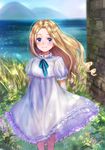  blonde_hair blue_eyes day dress drill_hair frilled_dress frills long_hair looking_at_viewer marnie omoide_no_marnie outdoors puffy_short_sleeves puffy_sleeves ribbon short_sleeves smile solo soramame_tomu standing studio_ghibli water white_dress wind 