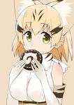  animal_ears bad_id bad_pixiv_id blonde_hair breasts cat_ears cccpo elbow_gloves extra_ears eyebrows_visible_through_hair food gloves japari_bun kemono_friends large_breasts looking_at_viewer parted_lips sand_cat_(kemono_friends) sand_cat_print short_hair sleeveless solo upper_body yellow_eyes 