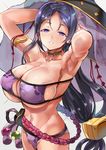  armlet armpits arms_up breasts cleavage eyepatch_bikini fate/grand_order fate_(series) himuro_(dobu_no_hotori) huge_breasts long_hair looking_at_viewer low-tied_long_hair minamoto_no_raikou_(fate/grand_order) minamoto_no_raikou_(swimsuit_lancer)_(fate) navel parted_lips purple_eyes purple_hair simple_background smile solo swimsuit thighs very_long_hair white_background 
