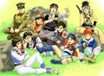  6+boys 70s 80s 90s amuro_ray anton_(manga) arion arion_(character) armor artist_request belt black_hair blue_hair boots brown_hair character_request creator_connection crossed_arms crossover crusher_joe giant_gorg gloves grass gundam haro hat helmet military military_uniform mobile_suit_gundam multiple_boys namuji nijiiro_no_trotsky oudou_no_inu robot screwdriver sitting sword uniform venus_senki weapon yu_tagami 