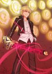  black_jacket black_pants blonde_hair collarbone dress_shirt ea_(fate/stay_night) eyebrows_visible_through_hair fate/stay_night fate_(series) gate_of_babylon gilgamesh hand_in_pocket holding holding_weapon jacket male_focus open_clothes open_jacket pants parted_lips red_eyes shirt smile solo standing weapon white_shirt zhen_lu 
