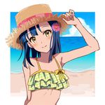  beach bikini_top blue_hair blush commentary_request hat idolmaster idolmaster_million_live! kyu looking_at_viewer nanao_yuriko ocean protected_link short_hair smile solo straw_hat upper_body yellow_eyes 