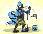  avian bird blue_jay clothed clothing corvid dragon fox0808 goo nebay paint partially_clothed rubber shorts transformation 