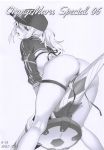  1girl artist_request artoria_pendragon_(all) ass baseball_cap bikini breasts cowboy_shot curvy fate/grand_order fate_(series) female hat highres huge_ass large_breasts long_hair looking_at_viewer looking_back monochrome mysterious_heroine_xx_(foreigner) navel ponytail scan side-tie_bikini simple_background solo swimsuit white_background white_bikini 