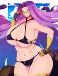  bad_proportions bikini breasts curvy earrings fate/grand_order fate_(series) glasses gorgon_(fate) hand_on_hip highres hoop_earrings huge_breasts jewelry lips long_hair looking_at_viewer navel purple_eyes purple_hair rider sekiyu_(spartan) smile snake_hair solo swimsuit thick_thighs thighs toned very_long_hair wide_hips 