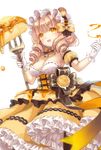  blush breasts brown_hair cleavage drill_hair eyebrows_visible_through_hair food fork gloves highres holding holding_fork large_breasts looking_at_viewer medium_hair original pancake parted_lips personification sketch smile solo white_gloves yellow_eyes yumeichigo_alice 
