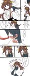  :d =_= ahoge bare_shoulders blue_hair blush breasts brown_hair comic commentary detached_sleeves double_bun eyebrows_visible_through_hair green_ribbon hair_between_eyes hair_ribbon hairband headgear heart hiei_(kantai_collection) highres houshou_(kantai_collection) hug hug_from_behind japanese_clothes kantai_collection kongou_(kantai_collection) long_hair long_sleeves multiple_girls nontraditional_miko open_mouth ponytail ribbon ribbon-trimmed_sleeves ribbon_trim smile speech_bubble sweatdrop translated trembling wide_sleeves yoichi_(umagoya) 
