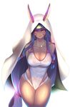  animal_ears bare_shoulders breasts command_spell curvy dark_skin fate/grand_order fate_(series) highres hips hood jackal_ears jewelry large_breasts long_hair looking_at_viewer low-tied_long_hair necklace nikuku_(kazedesune) nitocris_(fate/grand_order) nitocris_(swimsuit_assassin)_(fate) one-piece_swimsuit purple_hair red_eyes simple_background solo swimsuit thick_thighs thighs very_long_hair white_background wide_hips 