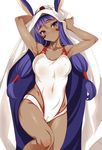  blush breasts cameltoe closed_mouth covered_navel covered_nipples dark_skin earrings facial_mark fate/grand_order fate_(series) frown hair_tubes hairband hoop_earrings jewelry kure_masahiro long_hair medium_breasts nitocris_(fate/grand_order) nitocris_(swimsuit_assassin)_(fate) one-piece_swimsuit purple_eyes purple_hair sidelocks solo swimsuit veil very_long_hair white_swimsuit 