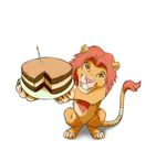  brown_eyes cake claws feline feral food fur hair lion looking_at_viewer male mammal pink_nose red_hair simple_background smile solo teeth white_background z-lion 