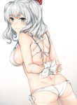  arms_behind_back ass bdsm bikini blue_eyes blush bondage bound bound_wrists breasts butt_crack embarrassed eyebrows_visible_through_hair from_behind hair_tie highres kantai_collection kashima_(kantai_collection) large_breasts long_hair looking_back rinarisa side-tie_bikini sideboob silver_hair simple_background skindentation solo swimsuit twintails underwear white_background white_bikini 
