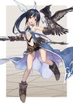  :d bangs bare_legs belt bird black_hair boots bow brown_footwear brown_gloves falcon falconry fantasy full_body gloves hair_bow holding holding_weapon jiyu2 long_hair looking_at_another open_mouth original ponytail purple_eyes shiny shiny_hair sidelocks smile solo teeth weapon white_bow 