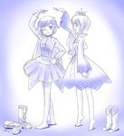  bangs blue blush boots boots_removed cape commentary_request crown eyebrows_visible_through_hair height_conscious height_difference iesupa long_hair mini_crown monochrome multiple_girls one_eye_closed open_mouth pantyhose ruby_rose rwby short_hair side_ponytail skirt smile tiptoes weiss_schnee 