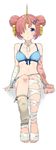  :&lt; absurdres bandaged_arm bandaged_leg bandages bare_shoulders bikini blue_bikini blue_eyes blush breasts cleavage double_bun fate/apocrypha fate/grand_order fate_(series) frankenstein's_monster_(fate) frankenstein's_monster_(swimsuit_saber)_(fate) full_body hair_ornament hair_over_one_eye highres horns kei_(soundcross) looking_at_viewer medium_breasts navel pink_hair sitting solo swimsuit 