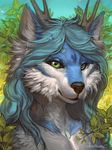  2017 amenlona anthro black_nose blue_fur blue_hair canine eyelashes female fox fur green_eyes hair horn hybrid mammal solo white_fur 