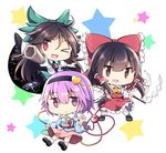 ;d ahoge arm_cannon ascot bangs bird_wings black_hair black_wings blush bow brown_hair cape chibi closed_mouth commentary_request detached_sleeves dress_shirt eyeball frilled_shirt_collar frilled_skirt frilled_sleeves frills gohei hair_bow hair_tubes hairband hakurei_reimu heart highres komeiji_satori long_hair looking_at_viewer multiple_girls nogisaka_kushio nontraditional_miko one_eye_closed open_mouth pink_eyes pink_hair puffy_short_sleeves puffy_sleeves red_eyes reiuji_utsuho ribbon-trimmed_sleeves ribbon_trim shirt short_hair short_sleeves skirt skirt_set smile star third_eye touhou v-shaped_eyebrows wavy_mouth weapon wide_sleeves wings 