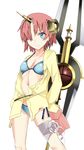  absurdres alternate_costume bikini blue_bikini blue_eyes breasts collarbone commentary_request fate/apocrypha fate/grand_order fate_(series) frankenstein's_monster_(fate) frankenstein's_monster_(swimsuit_saber)_(fate) hair_over_eyes heterochromia highres horn long_sleeves looking_at_viewer navel pink_hair short_hair small_breasts solo swimsuit weapon yuge_(yuge_bakuhatsu) 