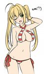 ;d ahoge bad_id bad_pixiv_id bikini blonde_hair blush breasts cleavage covered_nipples criss-cross_halter dated earrings fate/grand_order fate_(series) green_eyes groin halterneck jewelry long_hair medium_breasts navel nero_claudius_(fate)_(all) nero_claudius_(swimsuit_caster)_(fate) one_eye_closed open_mouth ppshex red_bikini side-tie_bikini sideboob signature simple_background smile solo striped striped_bikini swimsuit white_background 