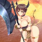  axe bangs bare_shoulders bell bell_collar blush bracer breasts brown_eyes brown_hair cleavage collar collarbone commentary_request cow_horns cow_tail cowboy_shot curvy holding holding_weapon horns idolmaster idolmaster_cinderella_girls large_breasts leaning_forward looking_at_viewer oikawa_shizuku pelvic_curtain rokushiru_(muzai-p) short_hair smile solo tail tail_raised thighlet weapon 