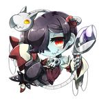  1girl bare_shoulders blue_skin chibi detached_sleeves dress female hair_over_one_eye leviathan_(skullgirls) long_dress long_skirt parasite red_eyes rin10 side_ponytail skirt skullgirls smile solo squigly_(skullgirls) stitched_mouth stitches striped zombie 