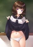  breasts brown_hair chalkboard closed_mouth cowboy_shot eyebrows_visible_through_hair head_tilt highres indoors lifted_by_self looking_at_viewer medium_breasts medium_hair navel original panties purple_eyes ren_san school_uniform serafuku side-tie_panties skirt skirt_lift solo underwear white_panties 