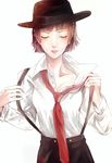  blush breasts brown_hair closed_eyes collarbone dress_shirt freinoir hat medium_breasts necktie niijima_makoto parted_lips persona persona_5 shirt short_hair solo suspenders undressing upper_body white_shirt 