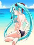  adjusting_clothes adjusting_swimsuit aqua_eyes aqua_hair barefoot beach bikini black_bikini_bottom cloud commentary_request day hair_ribbon hatsune_miku highres long_hair mismatched_bikini moon_child nail_polish ocean outdoors ribbon sitting sky solo swimsuit twintails very_long_hair vocaloid wariza water white_bikini_top 