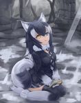  animal_ears bird black_hair blue_eyes breasts fur_collar gloves grey_wolf_(kemono_friends) heterochromia hidarikata kemono_friends long_hair long_sleeves multicolored_hair necktie sad skirt solo tail tears two-tone_hair wolf_ears wolf_tail yellow_eyes 