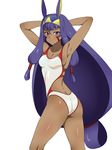  armpits arms_behind_head ass blush breasts cleavage dark_skin fate/grand_order fate_(series) from_side highres jacket kagemusha long_hair looking_at_viewer medium_breasts nitocris_(fate/grand_order) nitocris_(swimsuit_assassin)_(fate) one-piece_swimsuit purple_eyes purple_hair simple_background smile solo swimsuit very_long_hair white_background 