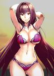  arms_up bikini breasts cleavage closed_mouth expressionless fate/grand_order fate_(series) flower gentsuki hair_flower hair_ornament hibiscus highres large_breasts long_hair looking_at_viewer navel purple_hair red_eyes scathach_(fate)_(all) scathach_(swimsuit_assassin)_(fate) solo swimsuit 