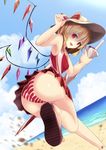  ass bare_legs beach beach_umbrella bikini blonde_hair blue_sky bow cloud cloudy_sky commentary_request competition_swimsuit day fangs flandre_scarlet foreshortening hair_between_eyes hat hat_bow highres holding holding_umbrella looking_at_viewer miniskirt ocean one-piece_swimsuit open_mouth outdoors pleated_skirt red_bow red_eyes red_skirt red_swimsuit running sand shoe_soles sinkai skirt sky smile solo striped striped_bikini summer swimsuit touhou umbrella wings 