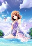  bare_shoulders barefoot blue_sky blush breasts brown_eyes brown_hair cloud commentary day dress flower from_below hair_ornament highres houjou_karen idolmaster idolmaster_cinderella_girls kiki_(koikuchikinako) looking_at_viewer lotus medium_breasts outdoors partially_submerged purple_dress river sitting sky smile solo tree wariza water water_drop wet 