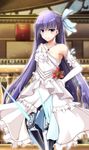  alternate_costume armor armored_boots bangs blue_eyes blue_ribbon boots commentary_request cowboy_shot dress elbow_gloves fate/extra fate/extra_ccc fate/grand_order fate_(series) gloves hair_ribbon hand_on_hip jewelry kiki_(koikuchikinako) long_hair looking_at_viewer meltlilith pendant purple_hair ribbon smile solo very_long_hair wedding_dress white_dress white_gloves 